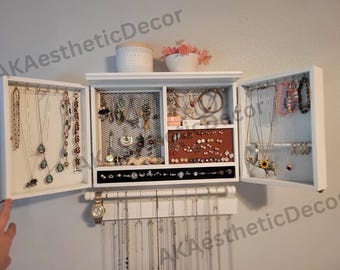 Rustic Barn Door Jewelry Organizer | Wall Mounted Wood Necklace Display Storage Cabinet