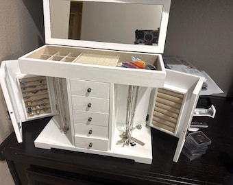 Wooden Jewelry Box with Mirror, 5-Layer Large Organizer, Farmhouse Style Storage Case