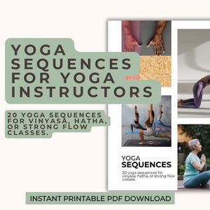 Pode incluir: Um documento digital intitulado Yoga Sequences for Yoga Instructors, apresentando 20 sequências de yoga para aulas de vinyasa, hatha ou strong flow. O layout inclui painéis fotográficos de pessoas realizando várias posturas e alongamentos.
