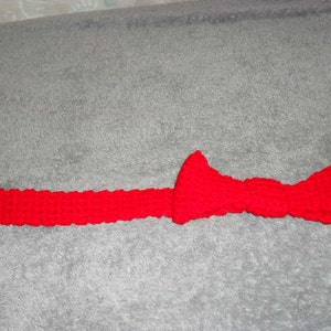 May include: A red crocheted bow tie with a white button on one end.