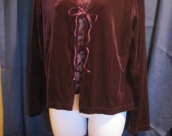 Intriguing Vintage Purple Velvet Jacket Style Blouse with Lacy Front, Size S Christmas Gift Present Party Birthday