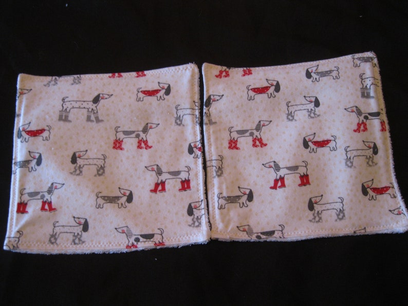 Set of Two Handmade Dog Print Cotton Flannel Washcloths Gift Present Hostess Guest Room Stocking Stuffer Ready to Ship image 5