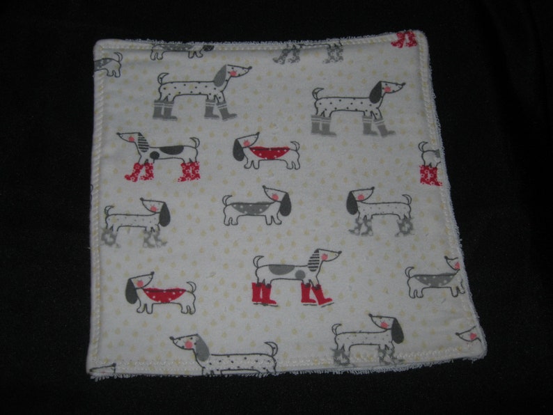 Set of Two Handmade Dog Print Cotton Flannel Washcloths Gift Present Hostess Guest Room Stocking Stuffer Ready to Ship image 1