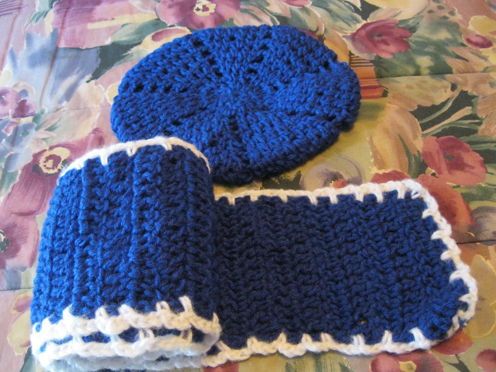 Warm Hand Crocheted Unisex Blue Hat and Scarf Set Gift  display picture 1