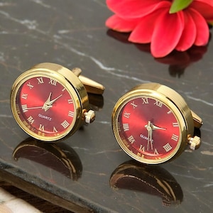 Ruby Red Gold Watch Cufflinks| Rotating Clock Watch Cuff Links| Emerald Green Men’s Suit Shirt Cuff links| Metal Wedding Cufflinks for Groom