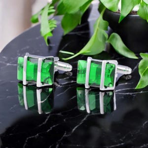 Emerald Green Zircon Cufflinks - Silver Gemstone Minimalist Luxury Jewelry for Father of the Bride & Best Man Gifts