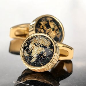 Gold & Black Constellation Cufflinks, Golden Globe Earth Studs, Gold Tone Initial Cuff Links for Men's Suit Shirt | Blue Constellation Cuffs
