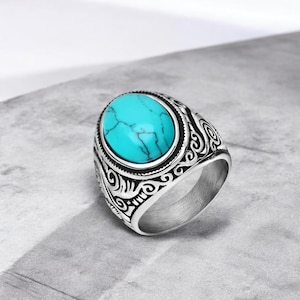 Vintage Western Turquoise Ring for Men | Handcrafted Turquoise Stone Silver Band  Engravings | Southwestern Turquoise Jewelry Gift Box -----
