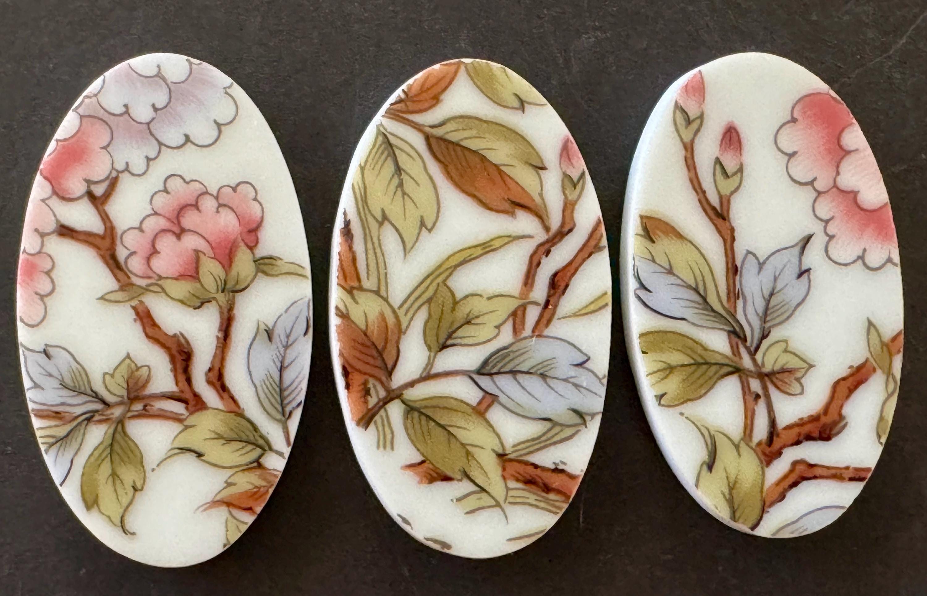 3 Handcrafted Vintage Leaves Floral Cabochons Broken Recycled China Jewelry Mosaic Tile Crafts Silversmithing DIY supplies