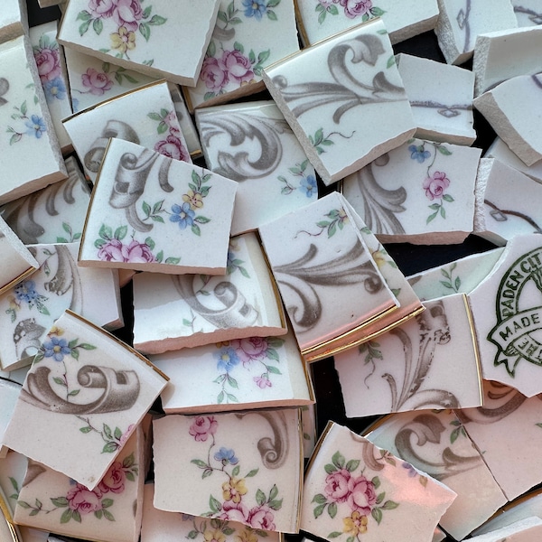 100++ Vintage Paden City Pottery Floral Flowers China Mosaic Tiles - Handcut Broken plate tiles