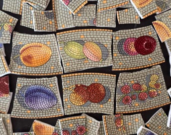 May include: Mosaic tile fragments with fruit designs. The tiles feature various fruits like plums, figs, and grapes, rendered in a mosaic style. The color palette includes shades of orange, green, purple, and red, set against a gray background.