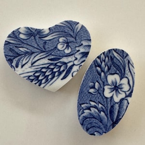 Handcrafted Blue Transferware Floral Cabochons: Broken China Mosaic Tile Focal Pieces