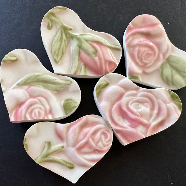 5 Beautiful Hand cut Roses China Hearts Mosaic Tiles Jewelry making Cabochon- Handcut Broken plate tiles