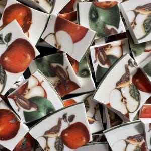 May include: A collection of white ceramic mosaic tiles featuring a printed pattern of red apples, green leaves, and small brown birds. Each rectangular piece displays a portion of the fruit and avian illustration with a smooth, glossy finish.