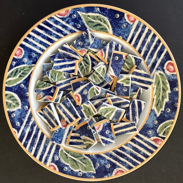 100 Blue Green Yellow Pfaltzgraff  Leaves Tiles China Mosaic - Handcut Broken plate tiles
