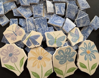 110 Blue 'Day Dreams' China Mosaic Tiles – Blue Pattern Butterflies Flowers