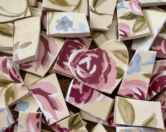100 + 1 Heart Roses Laura Ashley Pink Roses Blue Flowers Floral- China Mosaic Tiles Broken Plate Supplies