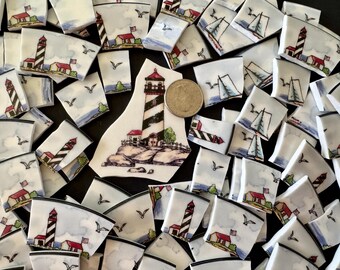 100 Lighthouse Beach Ocean Nautical Print China Mosaic Tiles - Broken Plate