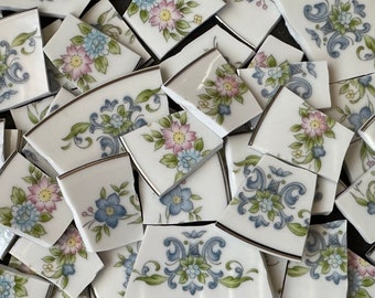 100 Beautiful Vintage  Pink Blue Green Floral Flowers  China Mosaic Tiles - Handcut Broken plate tiles
