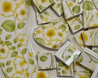 120 Vintage Noritake Yellow Flower Floral China Mosaic Tiles - Handcut Broken plate tiles
