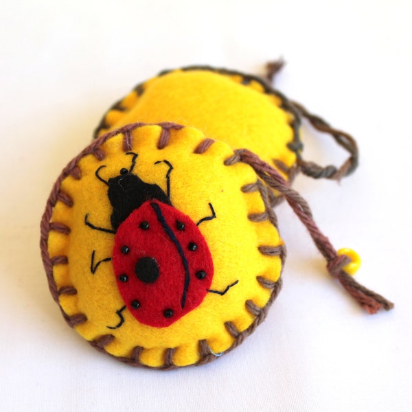 Christmas Hanging Ornament, Felt Ornament, Handmade round yellow felt ornament with ladybug