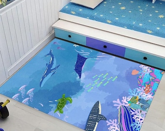 Ocean Animals Kids Rug, Colorful Sea Life Nursery Carpet