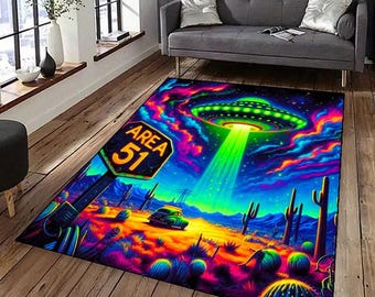 Area 51 UFO Rug, Neon Sci-Fi Fantasy Art