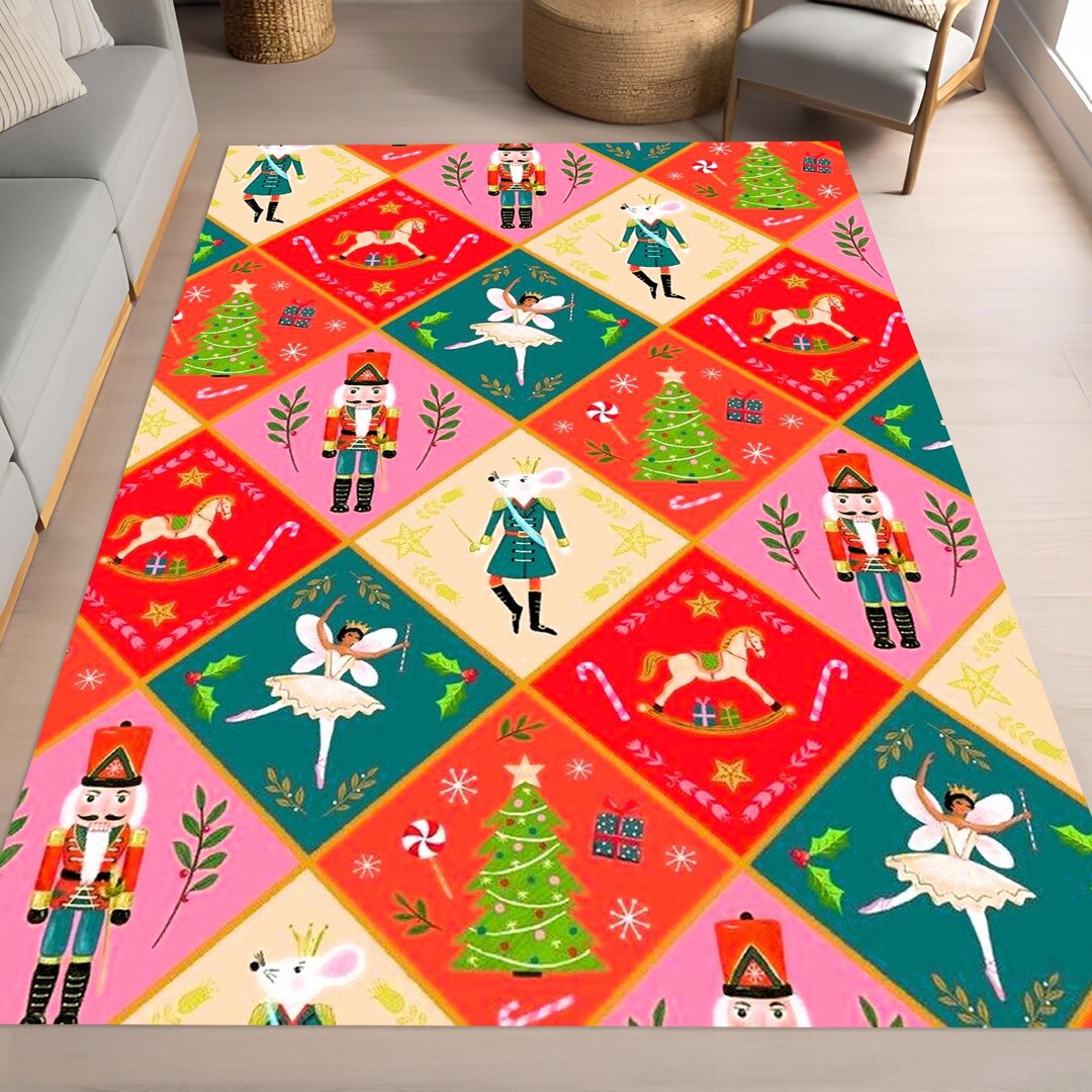 Ornament Pattern Rug Christmas Nutcracker and Fairy Pattern Rug, Festive Holiday ...