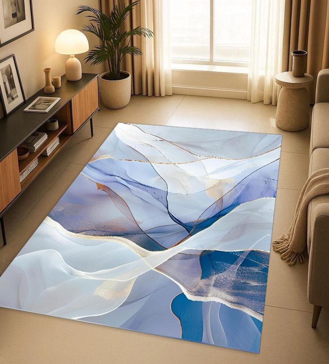 Abstract Blue Marble Rug, Gold Line Art, Modern Floor Decor - Etsy
