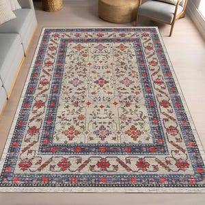 Floral Oriental Area Rug, Cream and Blue Traditional Carpet, Elegant Living Room Floor Mat, Persian Style Rug, Elegant Area Carpet,