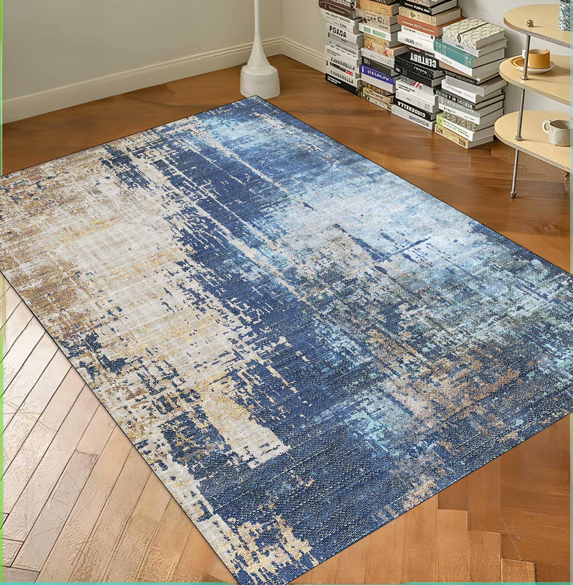 Abstract Blue Gold Area Rug, Modern Distressed Design - Etsy