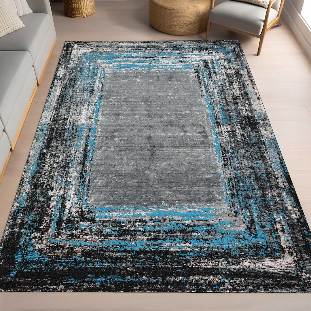 Gray Blue Distressed Area Rug, Modern...