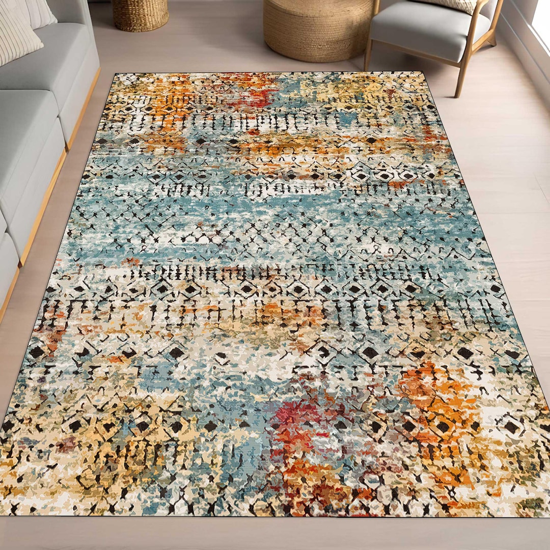 Colours Rug Digital Abstract Multicolor Area Rug, Modern Geometric Design, Teal and Ochre ...