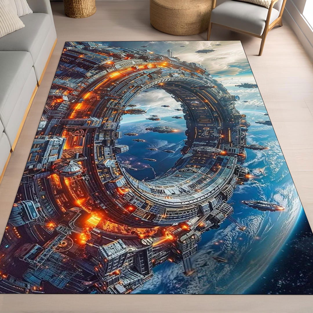 Technology Rug Futuristic Space Station Rug, Featuring Advanced Technology and ...