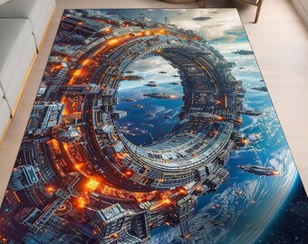 Futuristic Space Station Rug, Sci-Fi Cosmic Scene, Modern Decor