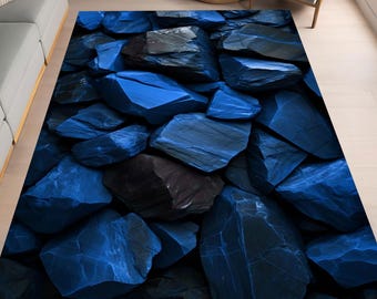 Blue Stone Texture Rug, Modern Rock Design Floor Mat