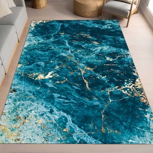 Ocean Blue Marble Rug, Gold Veined Turquoise Area Carpet, Luxury Abstract Floor Mat, Modern Aqua Home Decor, Turquoise Ocean Inspired Rug,