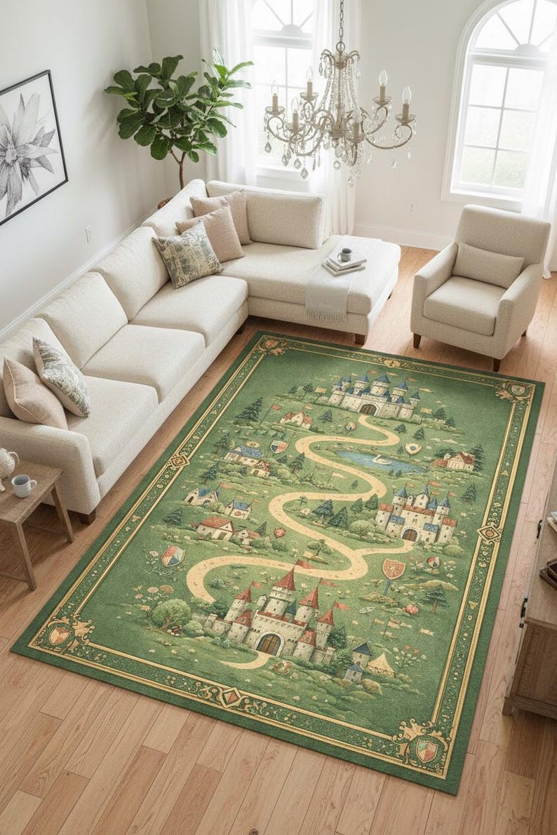 Fairytale Castle Rug, Green Medieval Kingdom Carpet, Princess Storybook ...