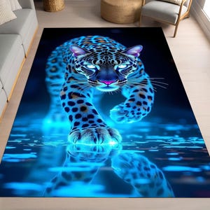 Glowing Area Rug Featuring a Majestic Leopard with a Neon Blue Aura, Perfect for Modern and Vibrant Interior Decor, Artistic Rug,