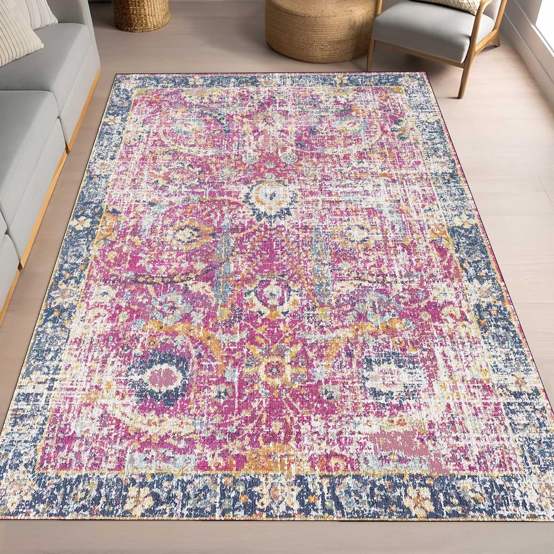 Distressed Pink and Blue Area Rug, Tr...