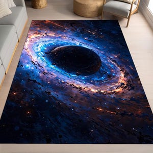 Alfombra de galaxia de agujero negro, alfombra espacial cósmica, alfombra de nebulosa del universo, alfombra de suelo con arte astronómico, decoración científica, alfombra de agujero negro cósmico.