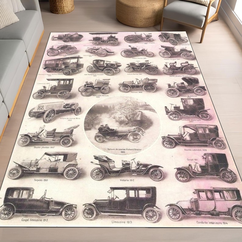 Retro Classic Cars Rug, Vintage Automobile Art Print, Automotive Decor ...