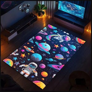 Colorful Outer Space Astronaut Rug for Kids, Planets and Stars Area Carpet for Playrooms and Creative Spaces,
