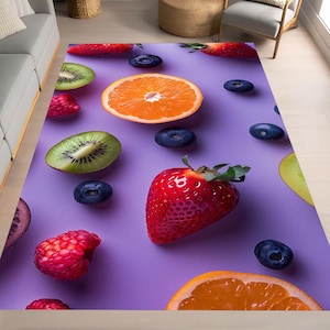 Fresh Fruit Theme Rug, Strawberry Kiwi Orange Carpet, Colorful Decorative Area Rug, Fun Kitchen Playroom Mat, Colorful Fruit Pattern Rug,