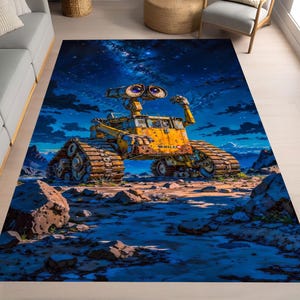 Alfombra de robot linda, alfombra de galaxia de noche estrellada, alfombra de piso con temática de máquina amarilla, alfombra de habitación infantil de ciencia ficción, alfombra de piso de robot galáctico,