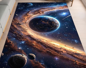 Cosmic Galaxy Area Rug, Planets and Stars, Modern Kids Room Decor