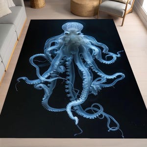 Blue octopus rug with aquatic glow, deep sea inspired carpet for ocean lovers and unique marine themed home decoration, lumino octopus,