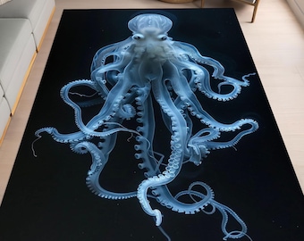 Blue Octopus Rug, Marine Theme, Deep Sea Decor