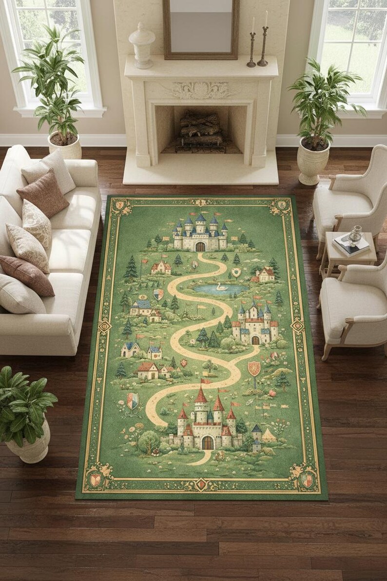 Fairytale Castle Rug, Green Medieval Kingdom Carpet, Princess Storybook ...