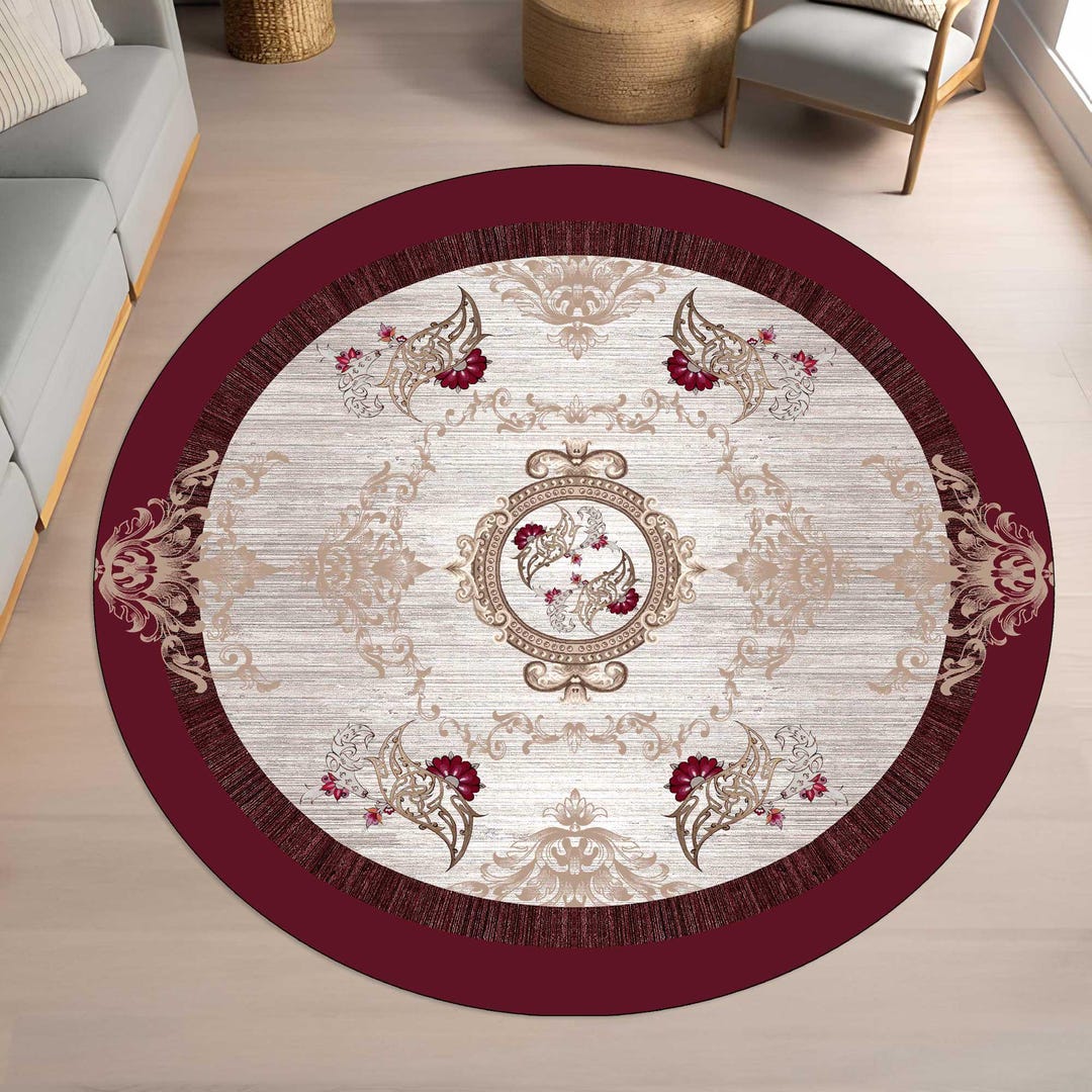 Round Baroque Rug Round Bird Pattern Rug, Classic Baroque Style, Maroon and Beige - Etsy